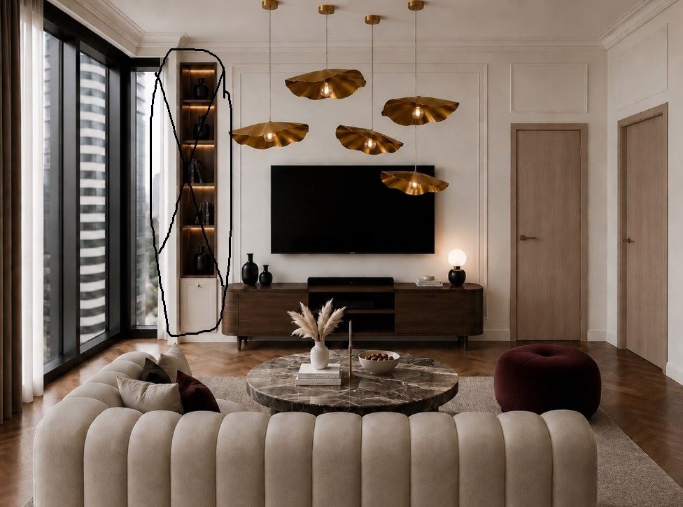 Executive Living Room with Custom Shelving & Lighting