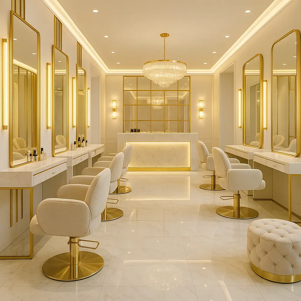 Luxury beauty salon interior design in Dubai with gold accents, styling chairs and chandelier