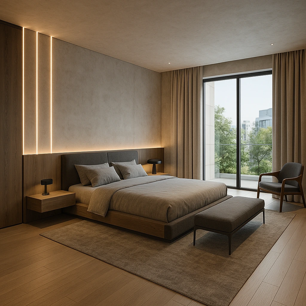 Modern luxury bedroom interior design in Dubai with custom wooden furniture and ambient lighting