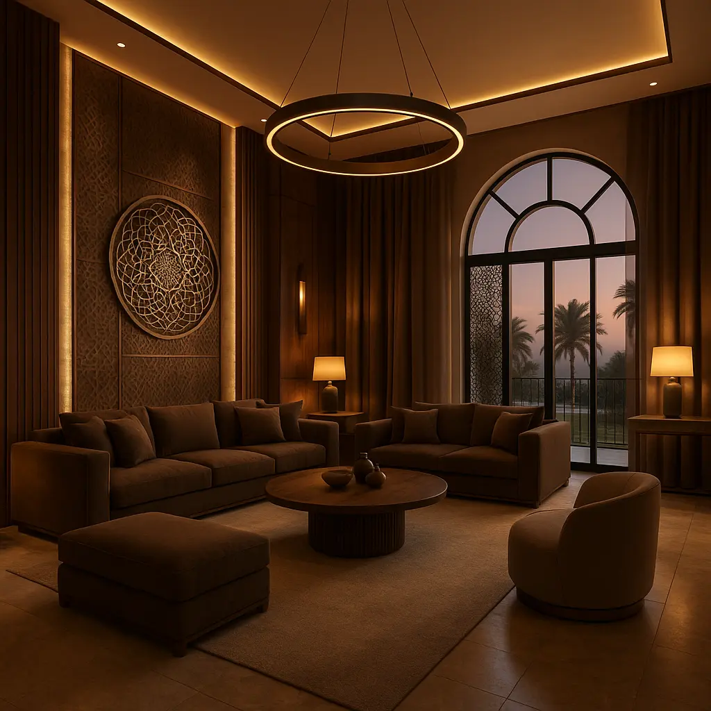 Luxury living room interior design in Dubai with wood wall panelling and ambient lighting