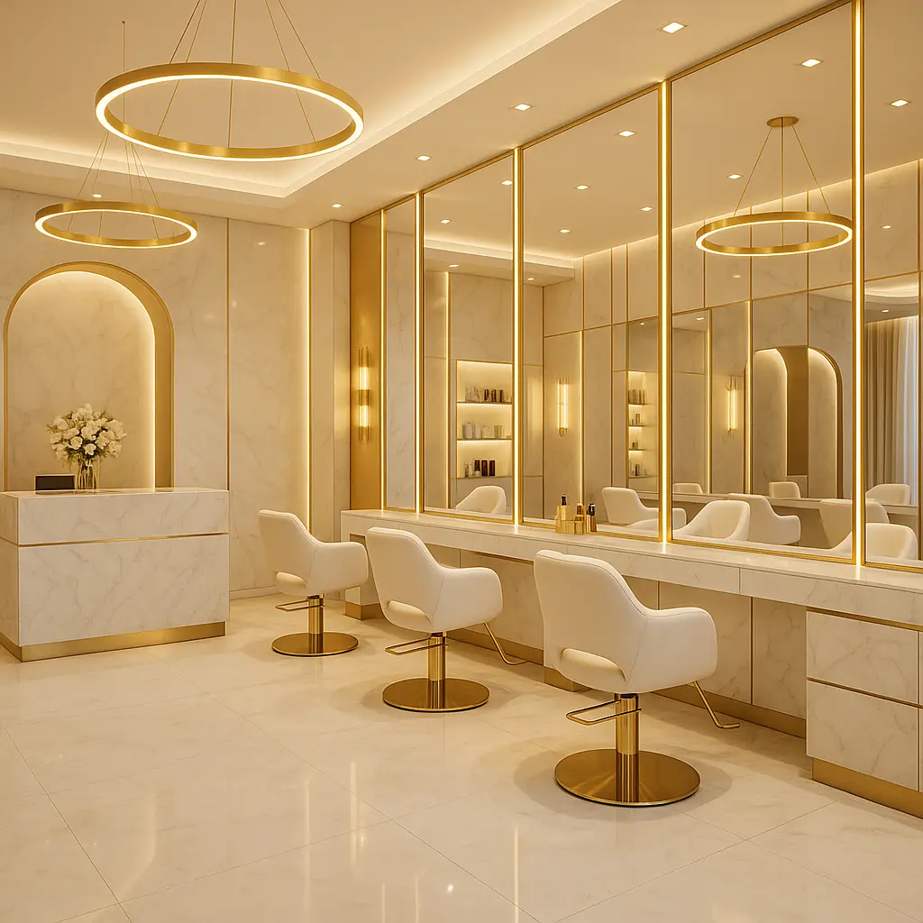 Luxury beauty salon interior in Dubai with modern styling chairs and gold-accented mirrors