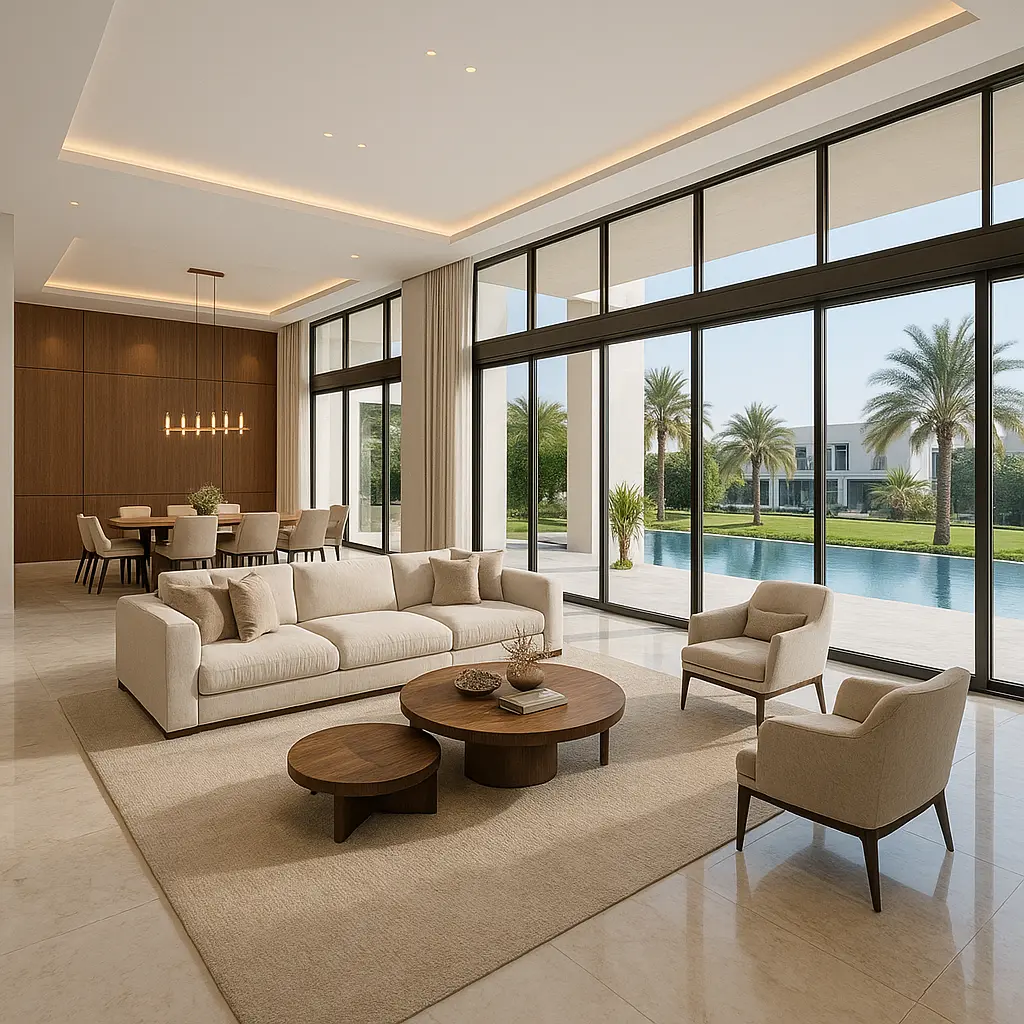 Luxury villa living room interior design in Dubai with modern furniture and pool view