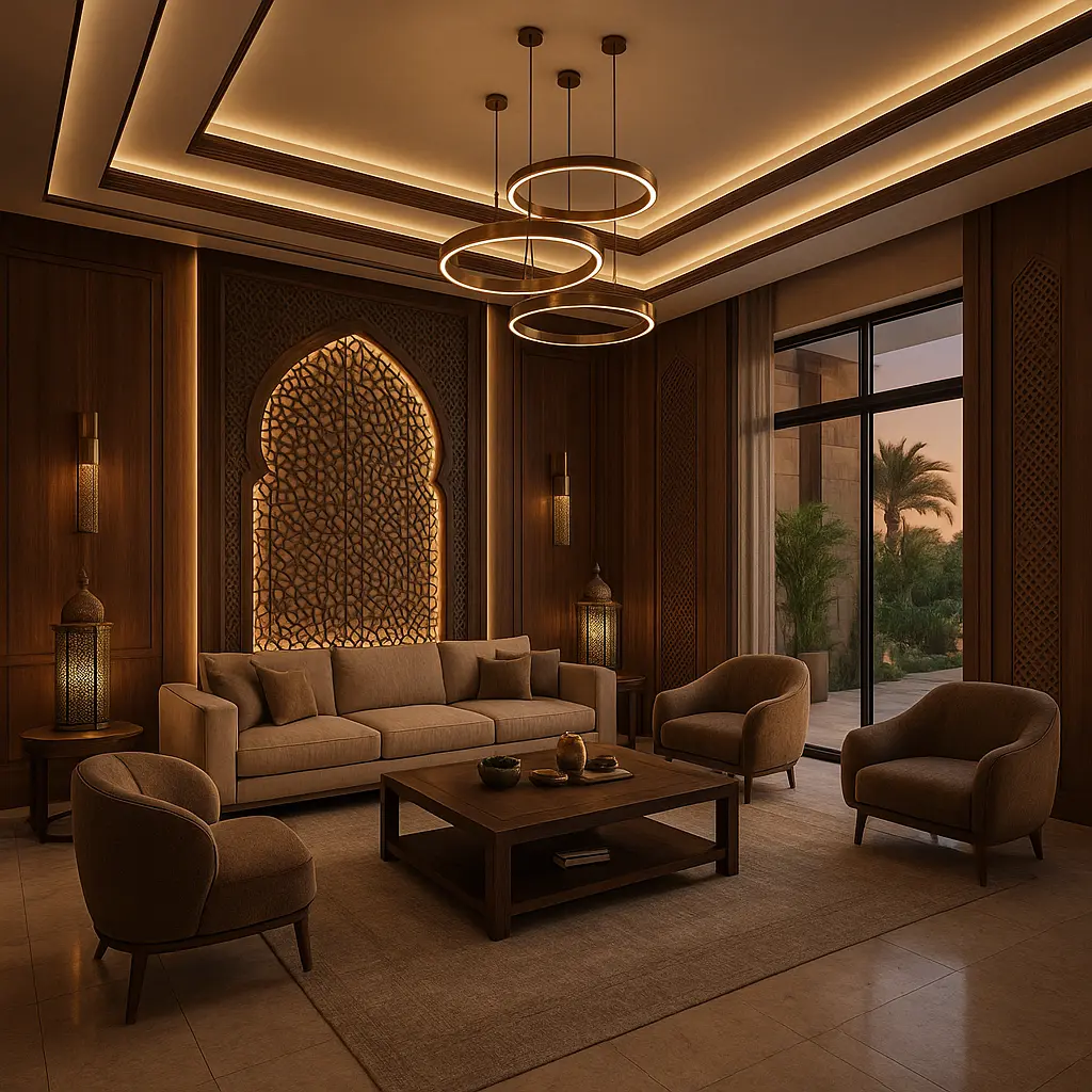 Luxury living room interior design in Dubai with wood panelling