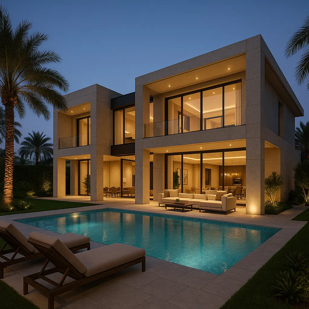 Modern luxury villa exterior design in Dubai with private swimming pool and landscaped garden